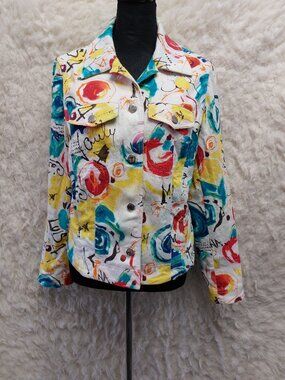 Vintage Peter Nygard Vibrant White Abstract Multi-Color Pop-Art Denim Jacket 8